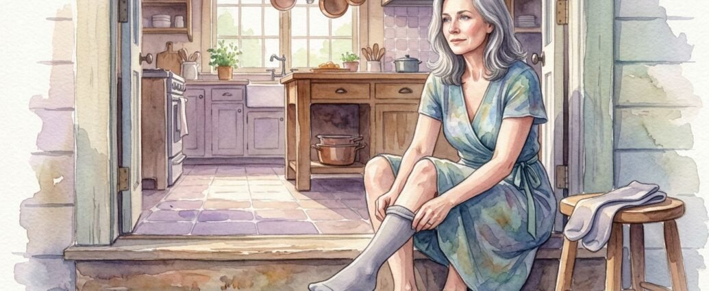 Person wearing compression socks to reduce leg swelling and support circulation