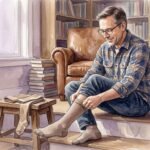man wearing compression socks while working at a standing desk