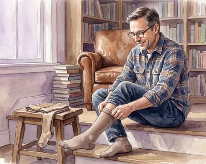 man wearing compression socks while working at a standing desk